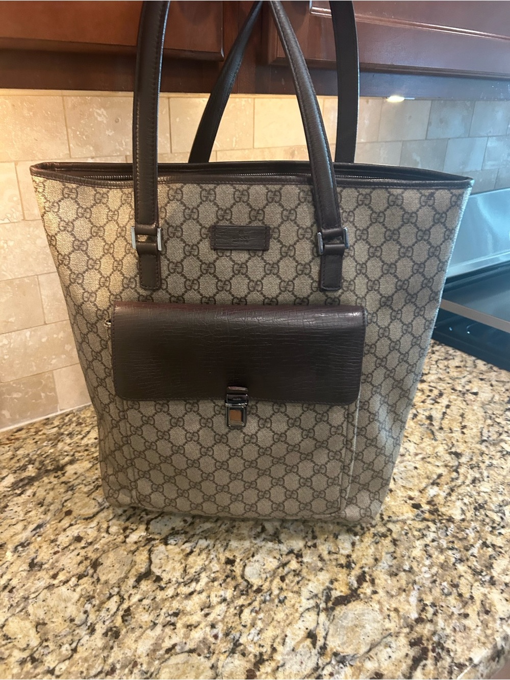 Gucci Beige Monogram Tote with Dark Brown Leather Pocket